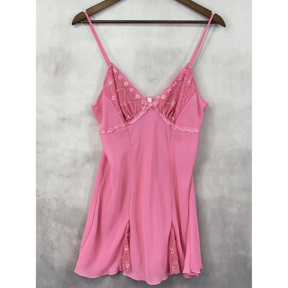 Lace Trim Coquette Chemise Slip Dress Womens Large Sheer Fairy Dollette Dainty